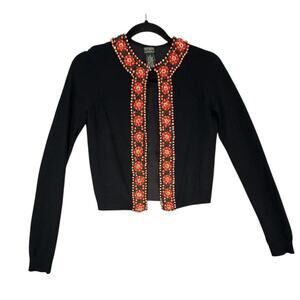 Lucky Brand Wool Cashmere Angora Blend Cardigan Size S Black Beaded Embellished